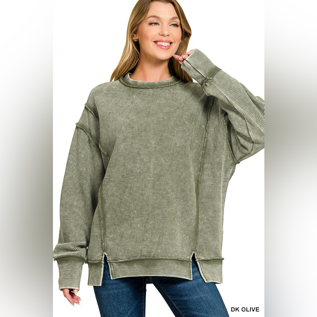 Zenana Acid Washed Double Ribbed Exposed-Seam Sweatshirt